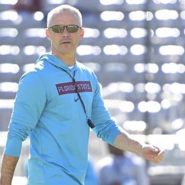Nov 23, 2024; Tallahassee, Florida, USA; Florida State Seminoles head coach Mike Norvell before the game against the Charleston Southern Buccaneers at Doak S. Campbell Stadium. Mandatory Credit: Melina Myers-Imagn Images