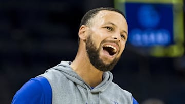 Oct 8, 2025; San Francisco, California, USA;  Golden State Warriors guard Stephen Curry (30) reacts as he warms up before the game against the Portland Trail Blazers at Chase Center. Mandatory Credit: John Hefti-Imagn Images
