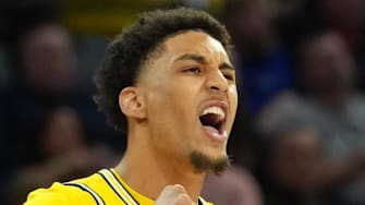 Michigan Wolverines forward Yaxel Lendeborg reacts during the first half in a 2025 Players Era Festival.