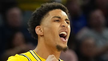 Michigan Wolverines forward Yaxel Lendeborg reacts during the first half in a 2025 Players Era Festival.