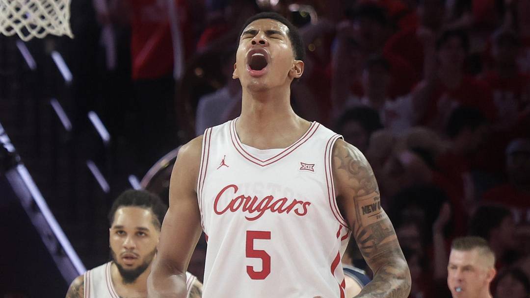 Feb 21, 2026; Houston, Texas, USA;  Houston Cougars center Chris Cenac Jr. (5) reacts while playing against the Arizona Wildcats in the second half at Fertitta Center. Mandatory Credit: Thomas Shea-Imagn Images
