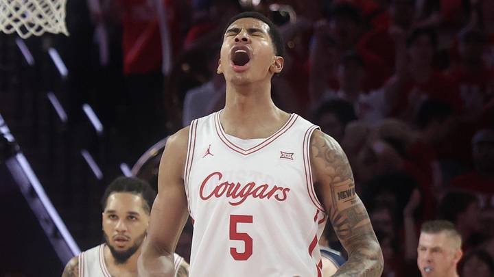 Feb 21, 2026; Houston, Texas, USA;  Houston Cougars center Chris Cenac Jr. (5) reacts while playing against the Arizona Wildcats in the second half at Fertitta Center. Mandatory Credit: Thomas Shea-Imagn Images