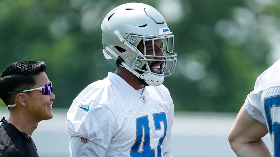 Lions linebacker Jalen Reeves-Maybin watches practice during minicamp at in Allen Park on Wednesday, June 7, 2023.