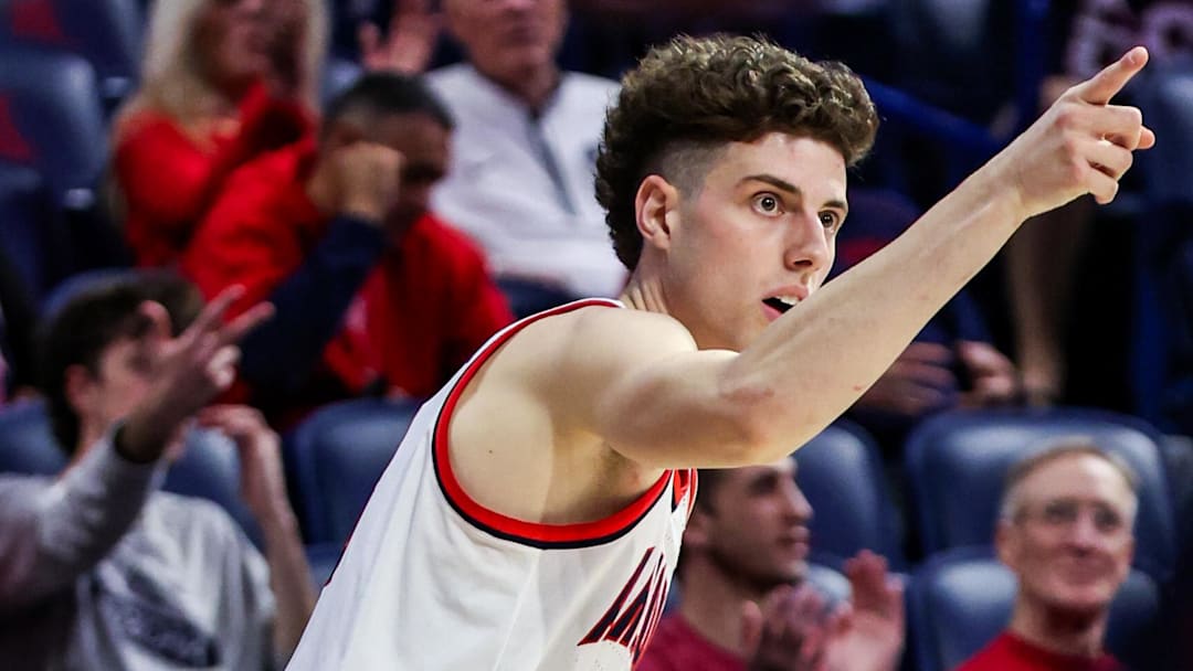 Dec 18, 2024; Tucson, Arizona, USA; Arizona Wildcats guard Anthony Dell’Orso (3) celebrates after a three point shot against the Samford Bulldogs during the second halfat McKale Center