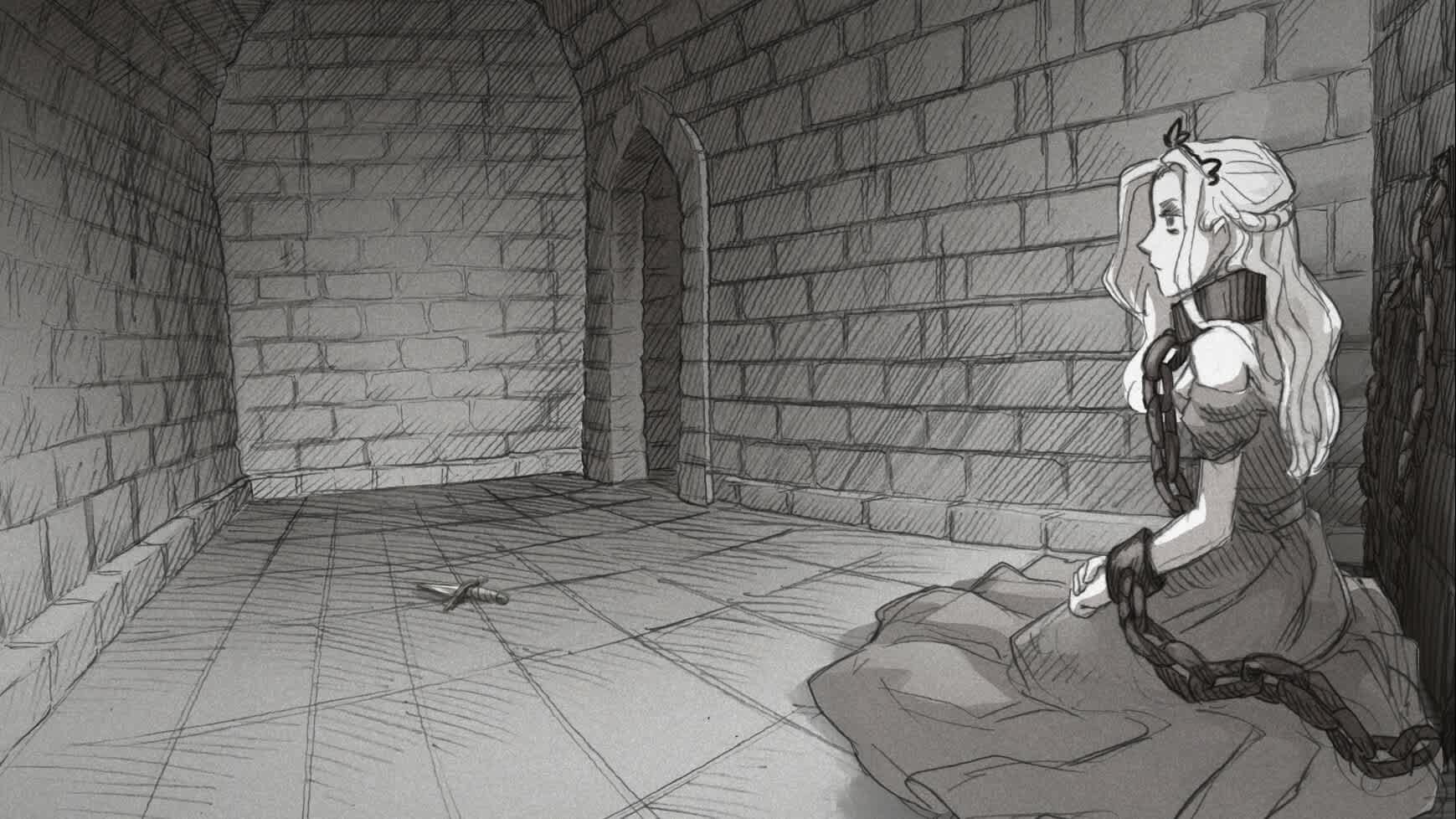 Slay the Princess screenshot showing the princess chained in a dungeon.