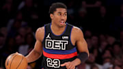 Mar 25, 2024; New York, New York, USA; Detroit Pistons guard Jaden Ivey (23) brings the ball up court against the New York Knicks during the third quarter at Madison Square Garden. Mandatory Credit: Brad Penner-Imagn Images