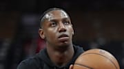 Toronto Raptors forward RJ Barrett shoots a basket during warm up before a game against the Milwaukee Bucks