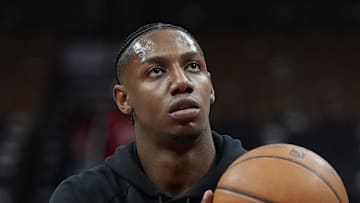 Toronto Raptors forward RJ Barrett shoots a basket during warm up before a game against the Milwaukee Bucks