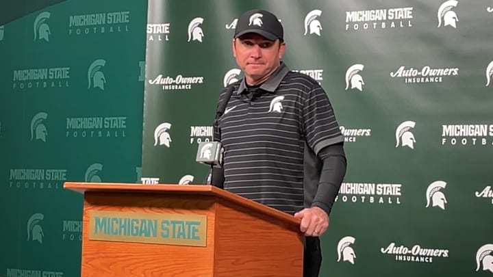 Michigan State head coach Jonathan Smith speaks to the media after his team beat Boston College 42-40.