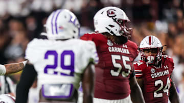 South Carolina football offensive lineman Jakai Moore lining up at right guard against Furman in 2023