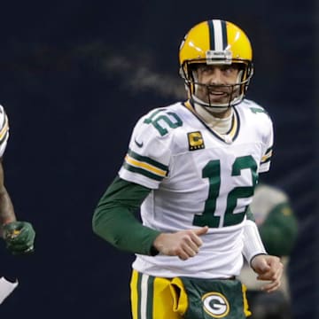 Green Bay Packers quarterback Aaron Rodgers (12) celebrates a touchdown catch with wide receiver Marquez Valdes-Scantling (83) against the Chicago Bears during their football game Sunday, Jan. 3, 2021, at Soldier Field in Chicago, Ill. 
Dan Powers/USA TODAY NETWORK-Wisconsin

Apc Packvsbears 0103210322djp