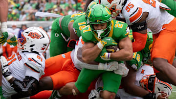 Oregon running back Jayden Limar presses into the end zone for a touchdown as the Oregon Ducks host the Oklahoma State Cowboys on Sept. 6, 2025, at Autzen Stadium in Eugene, Oregon.