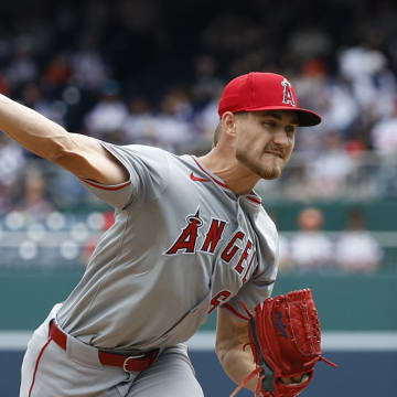 Aug 11, 2024; Washington, District of Columbia, USA; Los Angeles Angels starting pitcher Jack Kochanowicz (64) pitches against the Washington Nationals during the first inning at Nationals Park. Mandatory Credit: Geoff Burke-USA TODAY Sports