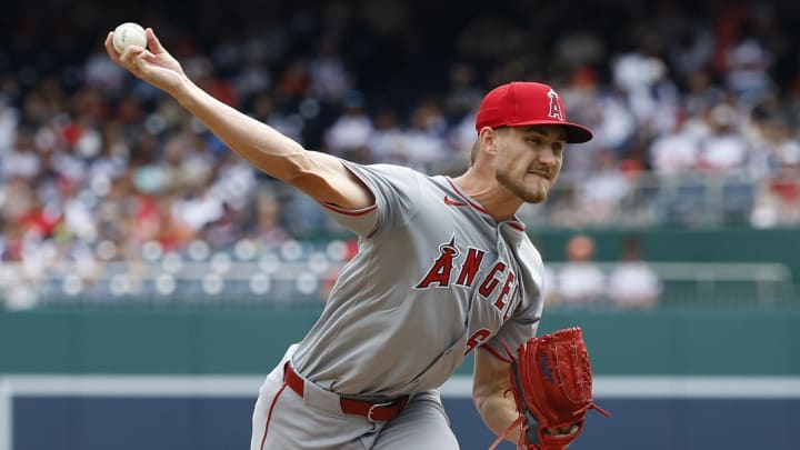 Aug 11, 2024; Washington, District of Columbia, USA; Los Angeles Angels starting pitcher Jack Kochanowicz (64) pitches against the Washington Nationals during the first inning at Nationals Park. Mandatory Credit: Geoff Burke-USA TODAY Sports