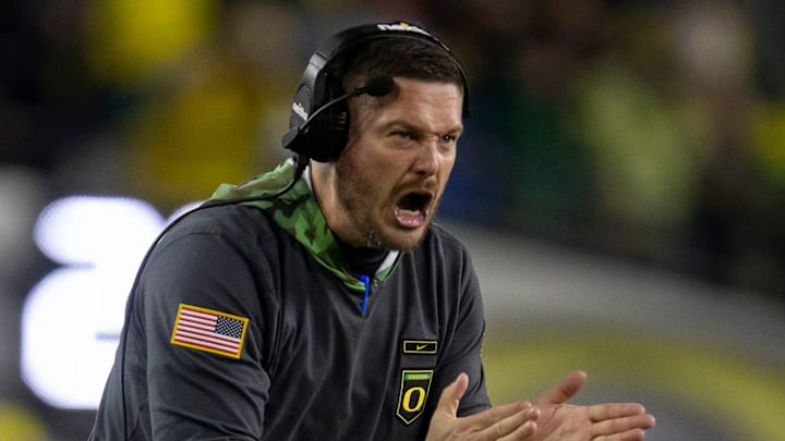 Oregon head coach Dan Lanning yells to his team as the No. 6 Oregon Ducks host the No. 24 Washington Huskies Saturday, Nov. 12, 2022, at Autzen Stadium in Eugene, Ore.
Ncaa Football Oregon Washington Football Washington At Oregon Oregon head coach Dan Lanning yells to his team as the No. 6 Oregon Ducks host the No. 24 Washington Huskies Saturday, Nov. 12, 2022, at Autzen Stadium in Eugene, Ore.
Ncaa Football Oregon Washington Football Washington At Oregon