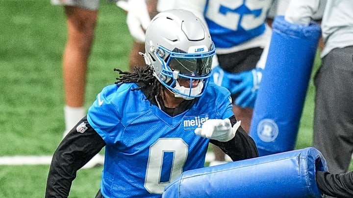 Detroit Lions running back Jahmyr Gibbs (0) practices during OTA at team's Performance Center in Allen Park 