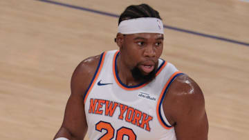 Oct 13, 2025; New York, New York, USA; New York Knicks forward Guerschon Yabusele (28) reacts after making a basket against the Washington Wizards during the first quarter at Madison Square Garden. Mandatory Credit: Vincent Carchietta-Imagn Images