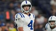 Indianapolis Colts quarterback Sam Ehlinger (4) looks up to the scoreboard during the second half of an NFL preseason game against Chicago on Saturday, Aug. 19, 2023, at Lucas Oil Stadium in Indianapolis. The Colts won, 24-17.