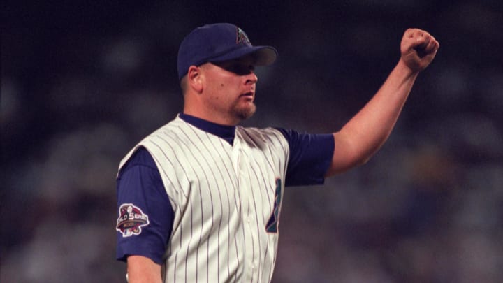 Unknown Date, 2001; Unknown Location, USA; FILE PHOTO; Arizona Diamondbacks pitcher Greg Swindell reacts on the field against the New York Yankees during the 2001 World Series.