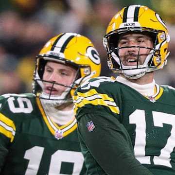 Green Bay Packers place kicker Brandon McManus (17) watches as his game-tying field goal attempt misses against the Eagles.