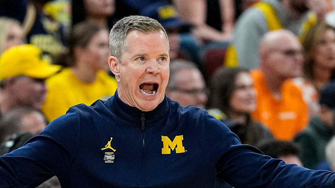 Michigan head coach Dusty May reacts to a play against Tennessee during the second half of NCAA Tournament Elite 8 round at United Center in Chicago on Sunday, March 29, 2026.