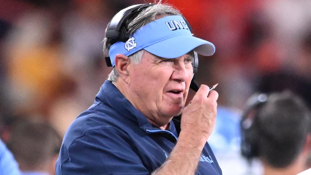 Oct 31, 2025; Syracuse, New York, USA; North Carolina Tar Heels head coach Bill Belichick on the sidelines in the second quarter against the Syracuse Orange at the JMA Wireless Dome. Mandatory Credit: Mark Konezny-Imagn Images