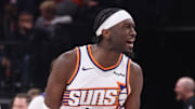 Oct 27, 2025; Salt Lake City, Utah, USA; Phoenix Suns center Mark Williams (15) reacts to tipping a ball in for a basket to tie the game against the Utah Jazz in the last seconds of the fourth quarter at Delta Center. Mandatory Credit: Rob Gray-Imagn Images