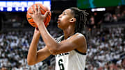 Michigan State's Jordan Scott makes a 3-pointer against Duke during the second half on Saturday, Dec. 6, 2025, at the Breslin Center in East Lansing.