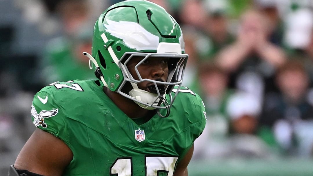Oct 26, 2025; Philadelphia, Pennsylvania, USA; Philadelphia Eagles linebacker Nakobe Dean (17) against the New York Giants at Lincoln Financial Field.