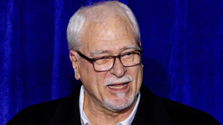 Feb 8, 2024; Los Angeles, CA, USA; Former Los Angeles Lakers head coach Phil Jackson speaks during a ceremony for the unveiling of a statue for former Los Angeles Lakers guard Kobe Bryant at Star Plaza outside of Crypto.com Arena. Mandatory Credit: Jason Parkhurst-Imagn Images
