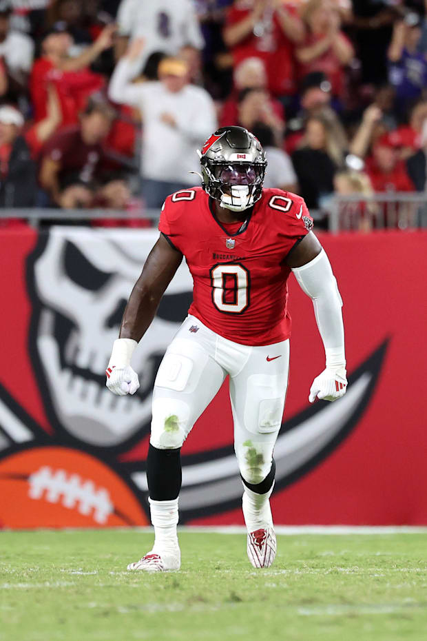Tampa Bay Buccaneers linebacker Yaya Diaby celebrates after he sacked Baltimore Ravens quarterback Lamar Jackson