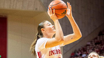 Indiana's Lilly Meister (52) shoots during the Indiana versus Maryville women's basketball game at Simon Skjodt Assembly Hall on Wednesday, Oct. 30, 2024.
