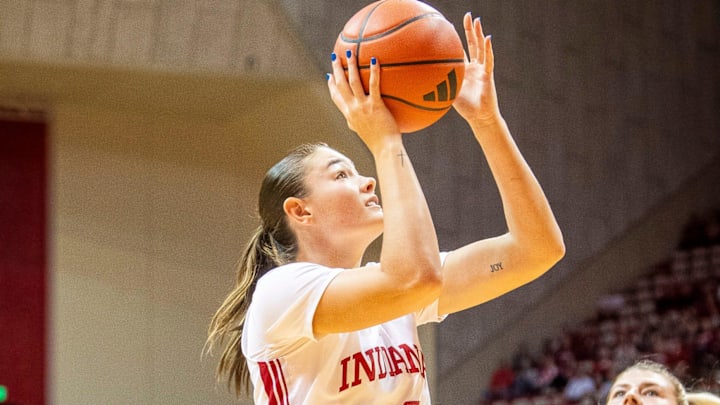 Indiana's Lilly Meister (52) shoots during the Indiana versus Maryville women's basketball game at Simon Skjodt Assembly Hall on Wednesday, Oct. 30, 2024.
