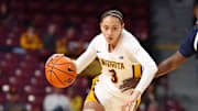 Jan 31, 2024; Minneapolis, Minnesota, USA; Minnesota Golden Gophers guard Amaya Battle (3) works around Penn State Nittany Lions guard Ashley Owusu (0) during the first half at Williams Arena. Mandatory Credit: Matt Krohn-Imagn Images