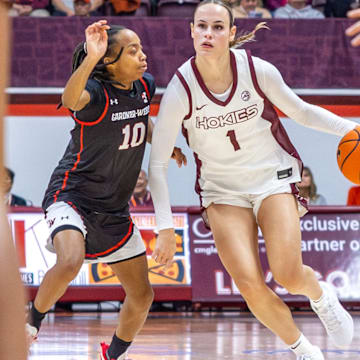 Carleigh Wenzel moving the ball up court vs Gardner Webb