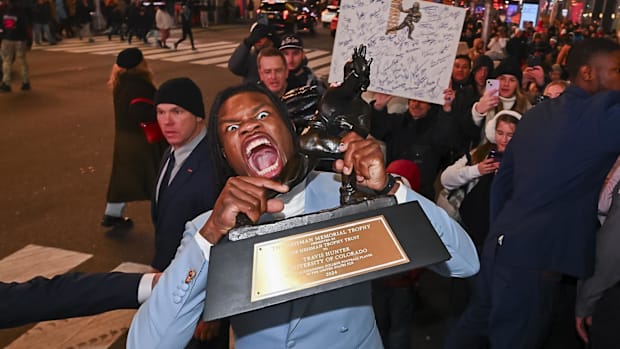 Dec 14, 2024; New York, NY, USA; Colorado Buffaloes wide receiver/cornerback Travis Hunter after winning the 2024 Heisman Tro
