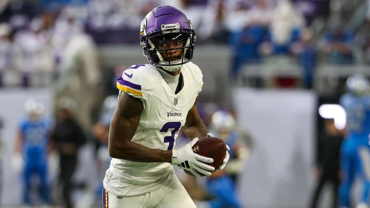 Dec 24, 2023; Minneapolis, Minnesota, USA; Minnesota Vikings wide receiver Jordan Addison (3) warms up before the game against the Detroit Lions at U.S. Bank Stadium. Mandatory Credit: Matt Krohn-USA TODAY Sports