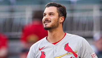 St. Louis Cardinals third baseman Nolan Arenado (28) reacts after a strikeout against the Atlanta Braves in the first inning at Truist Park.
