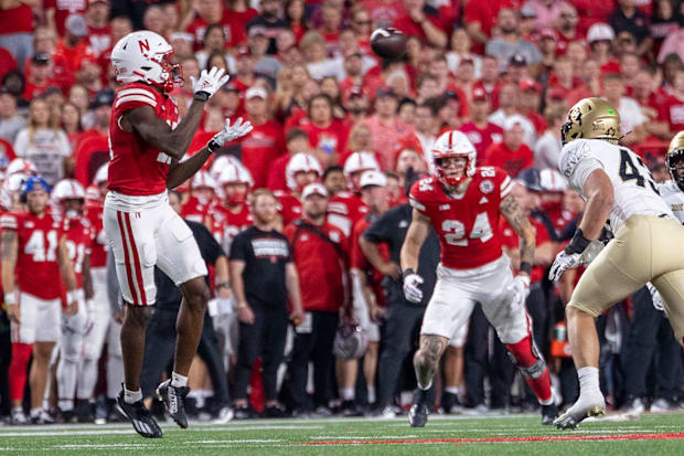 Nebraska wide receiver Isaiah Neyor catches a 16-yard pass from quarterback Dylan Raiola against Colorado.