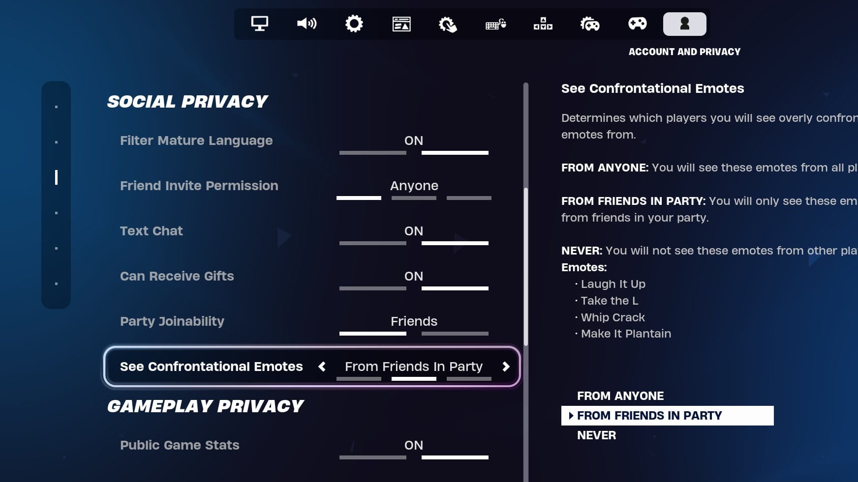 Fortnite options menu