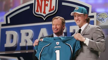 Apr 28, 2011; New York, NY, USA; NFL commissioner Roger Goodell introduces quarterback Blaine Gabbert (Missouri) as the number ten overall pick to the Jacksonville Jaguars in the 2011 NFL Draft at Radio City Music Hall. 