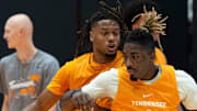 Tennessee guard Chaz Lanier (2) and Tennessee guard Jahmai Mashack (15) during a UT preseason basketball practice at Pratt Pavilion on Tuesday, Sept. 24, 2024.