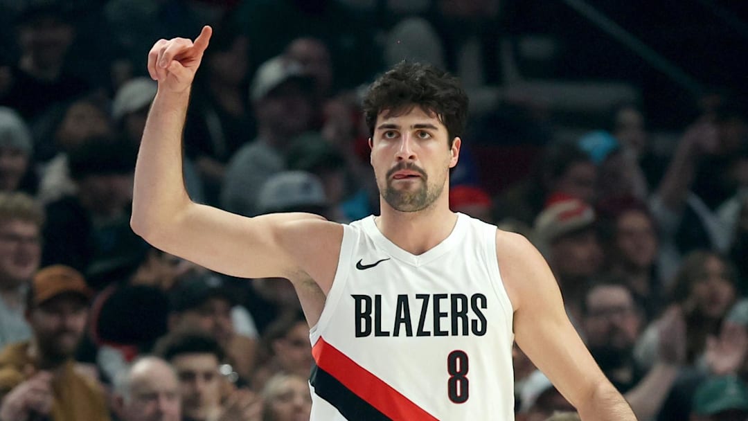 Mar 10, 2026; Portland, Oregon, USA;  Portland Trail Blazers forward Deni Avdija (8) reacts after scoring against the Charlotte Hornets during the first half at Moda Center. Mandatory Credit: Jaime Valdez-Imagn Images