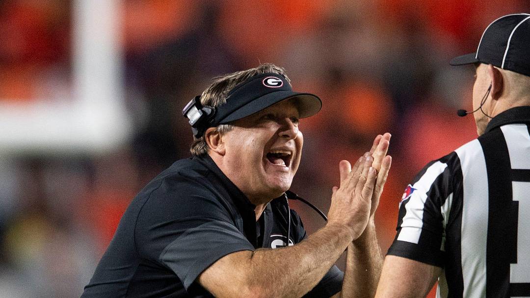 Georgia Bulldogs coach Kirby Smart complains about a inadvertent time out call as Auburn Tigers take on Georgia Bulldogs at Jordan-Hare Stadium in Auburn, Ala. on Saturday, Oct. 11, 2025. Georgia Bulldogs defeated Auburn Tigers 20-10.