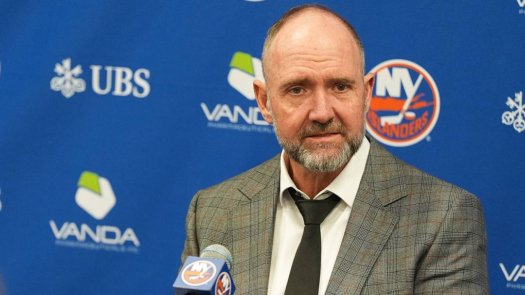 Apr 12, 2026; Elmont, New York, USA; New York Islanders head coach Peter DeBoer speaks to the media after a game against the Montreal Canadiens at UBS Arena. Mandatory Credit: Alexander Wohl-Imagn Images