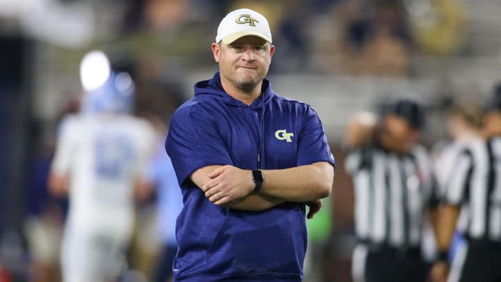 Oct 28, 2023; Atlanta, Georgia, USA; Georgia Tech Yellow Jackets head coach Brent Key on the field before a game against the North Carolina Tar Heels at Bobby Dodd Stadium at Hyundai Field. Mandatory Credit: Brett Davis-USA TODAY Sports