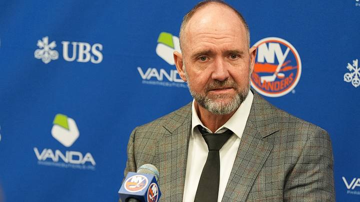 Apr 12, 2026; Elmont, New York, USA; New York Islanders head coach Peter DeBoer speaks to the media after a game against the Montreal Canadiens at UBS Arena. Mandatory Credit: Alexander Wohl-Imagn Images Apr 12, 2026; Elmont, New York, USA; New York Islanders head coach Peter DeBoer speaks to the media after a game against the Montreal Canadiens at UBS Arena. Mandatory Credit: Alexander Wohl-Imagn Images