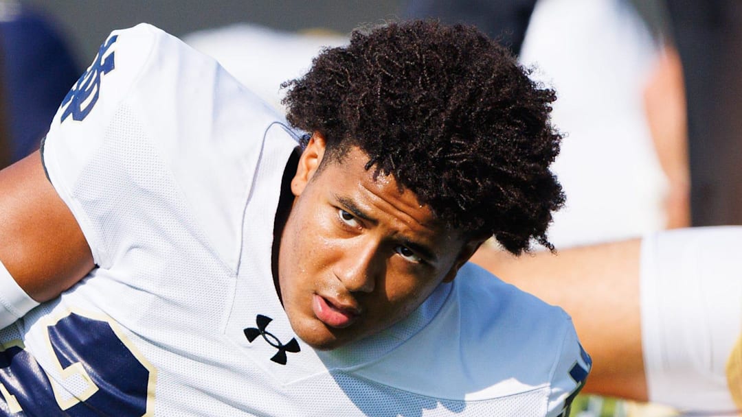 Notre Dame defensive back Cree Thomas (20) warms up during a football practice at Irish Athletic Center on Wednesday, Aug. 6, 2025, in South Bend.