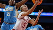 Nebraska basketball guard Alberte Rimdal (5) tries to score against Southern.