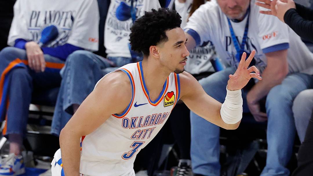 May 26, 2026; Oklahoma City, Oklahoma, USA; Oklahoma City Thunder guard Jared McCain (3) reacts after a basket during the fourth quarter against the San Antonio Spurs in game five of the western conference finals for the 2026 NBA playoffs at Paycom Center. Mandatory Credit: Alonzo Adams-Imagn Images May 26, 2026; Oklahoma City, Oklahoma, USA; Oklahoma City Thunder guard Jared McCain (3) reacts after a basket during the fourth quarter against the San Antonio Spurs in game five of the western conference finals for the 2026 NBA playoffs at Paycom Center. Mandatory Credit: Alonzo Adams-Imagn Images